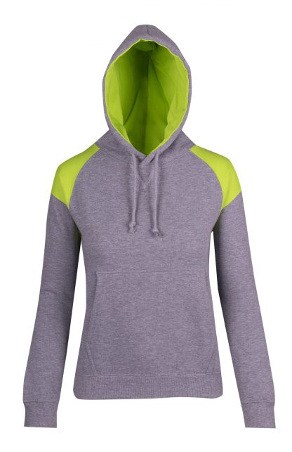 Ladies/Juniors Shoulder Contrast Panel Hoodie - 10, Grey Marl/Lime