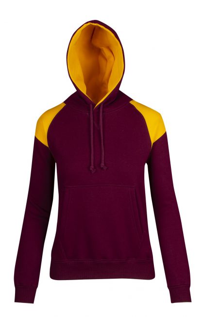 Ladies/Juniors Shoulder Contrast Panel Hoodie - 10, Maroon/Gold